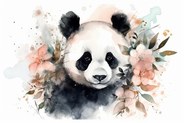 Watercolor paint illustration of panda portrait in flowers on white background , generative AI