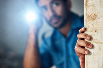 Flashlight, police and security man for search, inspection and property investigation at night....