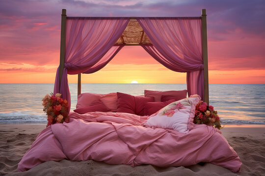 Romantic double bed at the beach