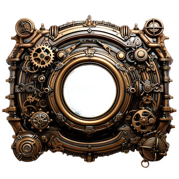Metallic frame with vintage machine gears and cogwheel. Isolated on transparent background. Mock up template.