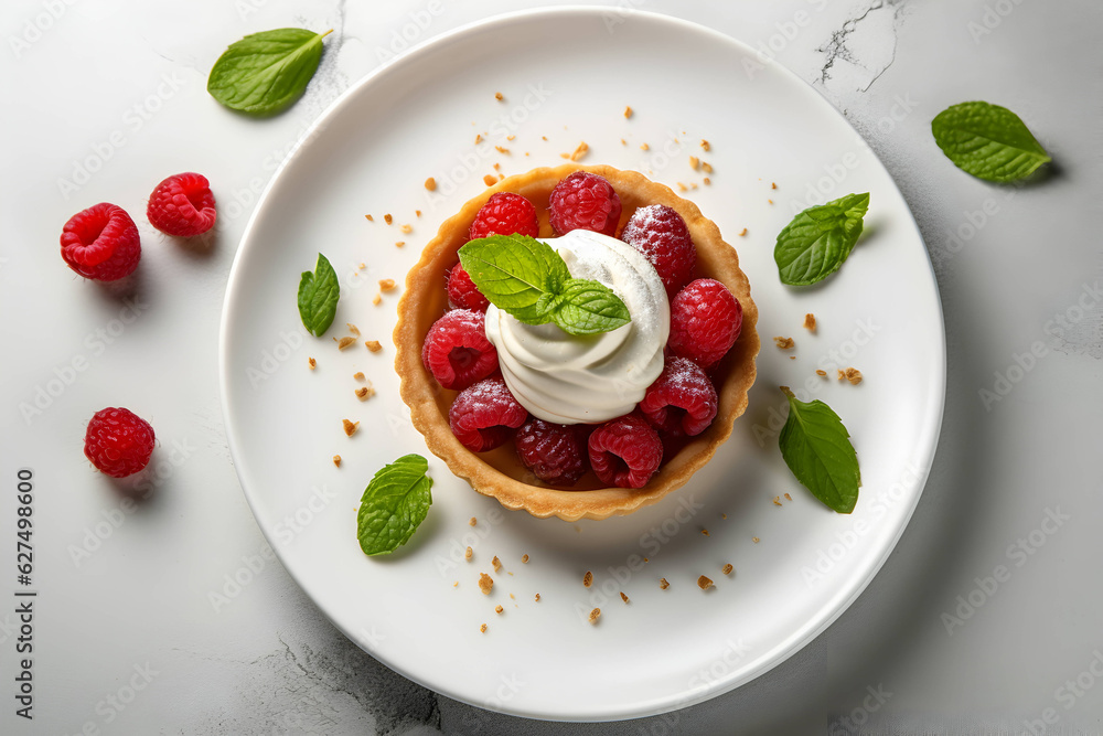 Wall mural shortcrust pastry tart with white cream and fresh raspberries and mint leaves close up on a white plate. view from above, flatlay, dessert menu