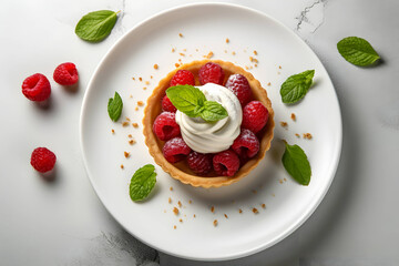 shortcrust pastry tart with white cream and fresh raspberries and mint leaves close up on a white plate. view from above, flatlay, dessert menu - Powered by Adobe