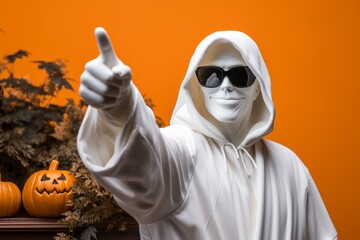 A man in a ghost costume. Halloween advertising concept. Background with selective focus and copy space