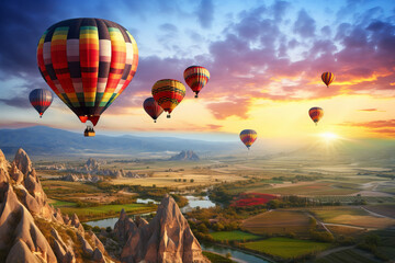 Fototapeta premium A group of hot air balloons hovering over beautiful landscape