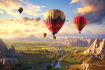 A group of hot air balloons hovering over beautiful landscape