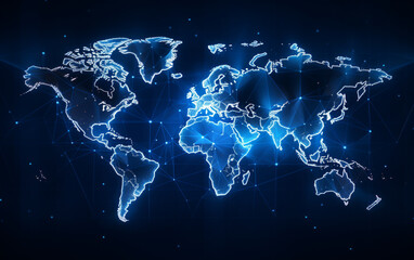 Digital world map hologram blue background