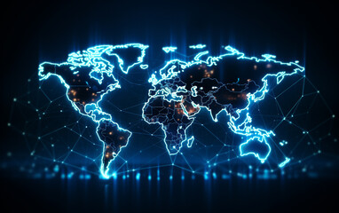 Digital world map hologram blue background