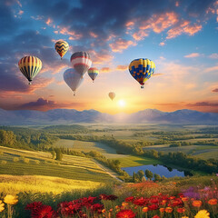 Fototapeta premium A group of hot air balloons hovering over beautiful landscape
