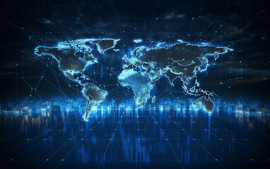 Digital world map hologram blue background