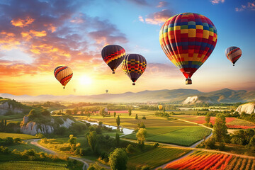 A group of hot air balloons hovering over beautiful landscape