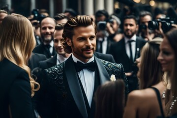 A fictional male movie star at an awards ceremony with paparazzi surrounding him.