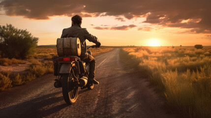 A man deep in thought and focusing intently on the road ahead with the sun setting in the background. His hands gripped tightly onto .