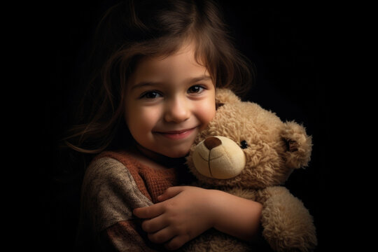 A little girl in a ruffled s holds a soft cuddly bear while giving a shy smile