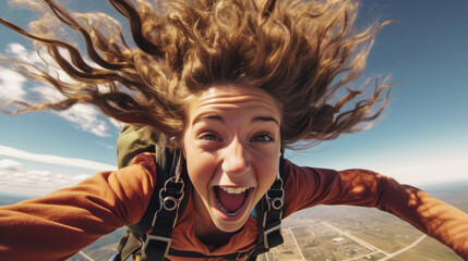 Obraz na płótnie Canvas A courageous kid skydives from a plane wind rushing through her hair and a look of joy etched on her face as she takes on the adventure .