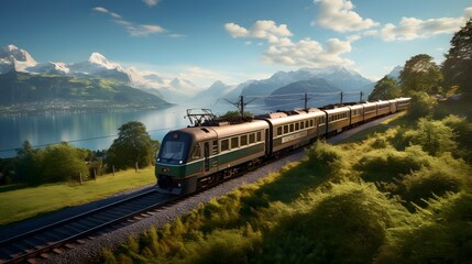 Switzerland train, surrounded by plants, under sky with clouds. - obrazy, fototapety, plakaty