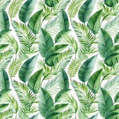 Tropical leaves samless patterns. Watercolor green leaves on white background digital scrapbook paper