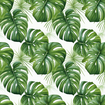 Tropical leaves samless patterns. Watercolor green leaves on white background digital scrapbook paper