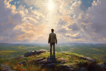 A man standing atop a hill in the midafternoon sunlight with his hands clasped together in a display of loyalty. His head faces the .