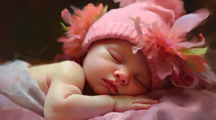 A tiny pink hat sits perched atop a babys head like a delicate petal atop a flower as she dreams peacefully in her parents arms