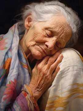 An elderly woman with a kind heart bows her head a single tear of joy rolling down her cheek as she wraps her loved one in her warm .