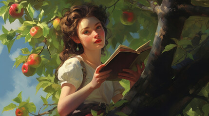 An adventurous girl climbing an apple tree with a notebook in one hand and a pencil behind her ear a determined look in her eyes
