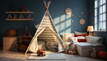 child bedroom with play area,table,pillow,toys,teepee tent blue wall