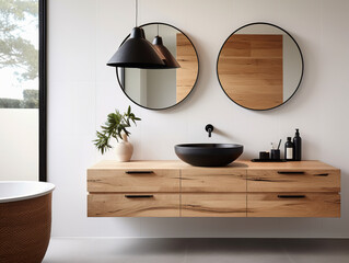 Ensuite bathroom with wall mounted timber vanity and black sink and pill shaped mirrors.