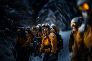 Rescue worker using advanced winter gear, including crampons and ice axes, to navigate icy terrain during a rescue operation. Generative Ai