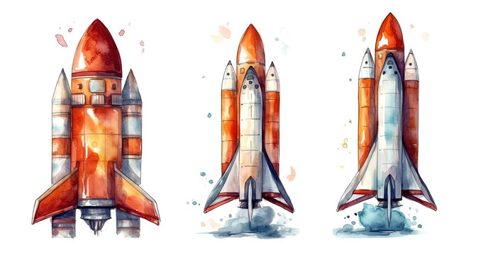 Watercolor illustration of a rising space shuttle with splashes and splatters of watercolor paint on a white background , generative AI