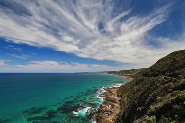 Fototapeta na wymiar View from the Great Ocean Road over Colac Otway Shire coast, Skenes Creek, Apollo Bay. Victoria-Australia-779+