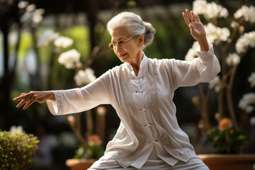 A senior woman practicing tai chi in a serene garden, embodying balance, inner peace, and the benefits of mindful movement. Generative AI