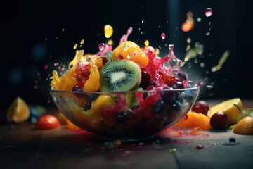 Fototapeta na wymiar Colorful and tasty fruit salad with a mix of sweet and tangy fruits, including berries, citrus, and kiwi. A perfect low-calorie dessert or snack for a summer day. AI Generative.