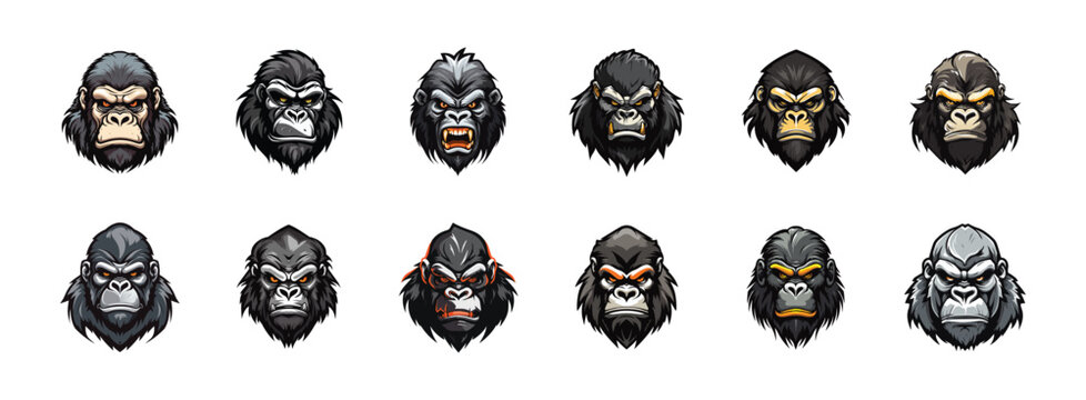 Set of Angry Gorilla Mascot logos, Gorilla Head Mascot logos isolated on background, Emblem, Vector Mascot concepts, Angry Gorilla or Kong Face Mascot for professional esports team or gaming club