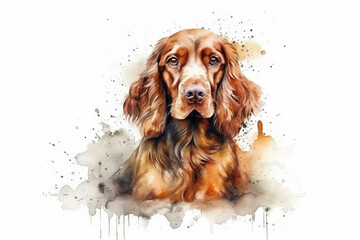 Watercolor illustration of spaniel portrait with drops and splashes of watercolor paint on white background , generative AI