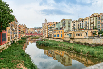 View of old town Girona, Catalonia, Spain, Europe. Summer travel.