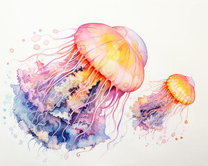 jellyfish watercolor underwater world quick sketch color painting quick sketch, color painting transparent paints paper, tone parchment, cardboard, silk, ivory watercolor with whitewash, gouache