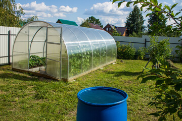 Transparent semi-round plastic greenhouse at their summer cottage and garden tools.  Concept - gardening and growing plants