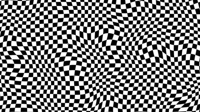 Checkered Black and White Undulating -Black and white psychedelic optical illusion. Abstract hypnotic animated background. Checkered geometric looping monochrome wallpaper.