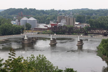 Panoramic view of the bridge and river in the downtown city of Zanesville, OH