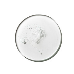Texture swatch of glycerin gel transparent hyaluronic acid serum on white isolated background,...