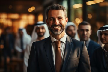 An Arab businessman leading a diverse team meeting, showcasing leadership and collaboration in a multicultural workplace. Generative Ai