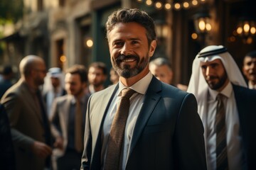 An Arab businessman leading a diverse team meeting, showcasing leadership and collaboration in a multicultural workplace. Generative Ai