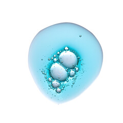 Texture swatch of blue hyaluronic acid serum gel on white isolated background, macro. Detergent, cosmetics, laboratory. A round drop