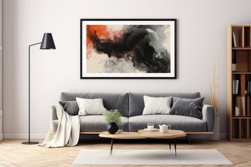 The room gets a boost of artistic charm with a sleek black-framed mockup, displaying a captivating abstract painting. Generative AI