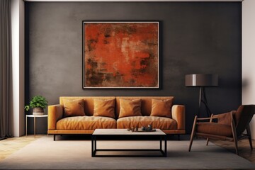 The room gets a boost of artistic charm with a sleek black-framed mockup, displaying a captivating abstract painting. Generative AI