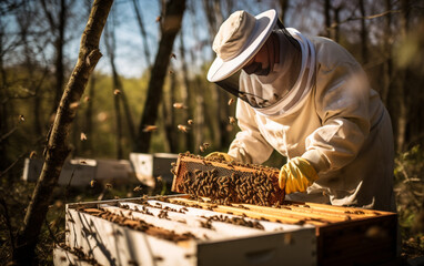 Beekeeper in protective workwear holding honeycomb outdoors