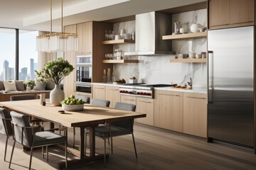 Fototapeta na wymiar A sleek and contemporary kitchen with stainless steel appliances, luxurious marble countertops, and an open layout that seamlessly merges with the dining area. Generative AI