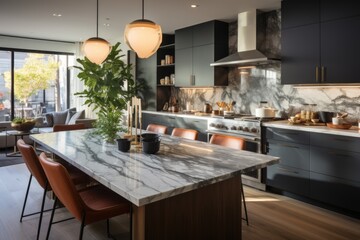 A sleek and contemporary kitchen with stainless steel appliances, luxurious marble countertops, and an open layout that seamlessly merges with the dining area. Generative AI