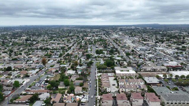 Aerial view of house with gray sky in La Mesa City in San Diego, California, USA