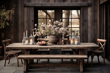 Cozy and inviting, a rustic dining room boasts a wooden table, mismatched chairs, and an oversized chandelier, setting a warm ambiance. Generative AI
